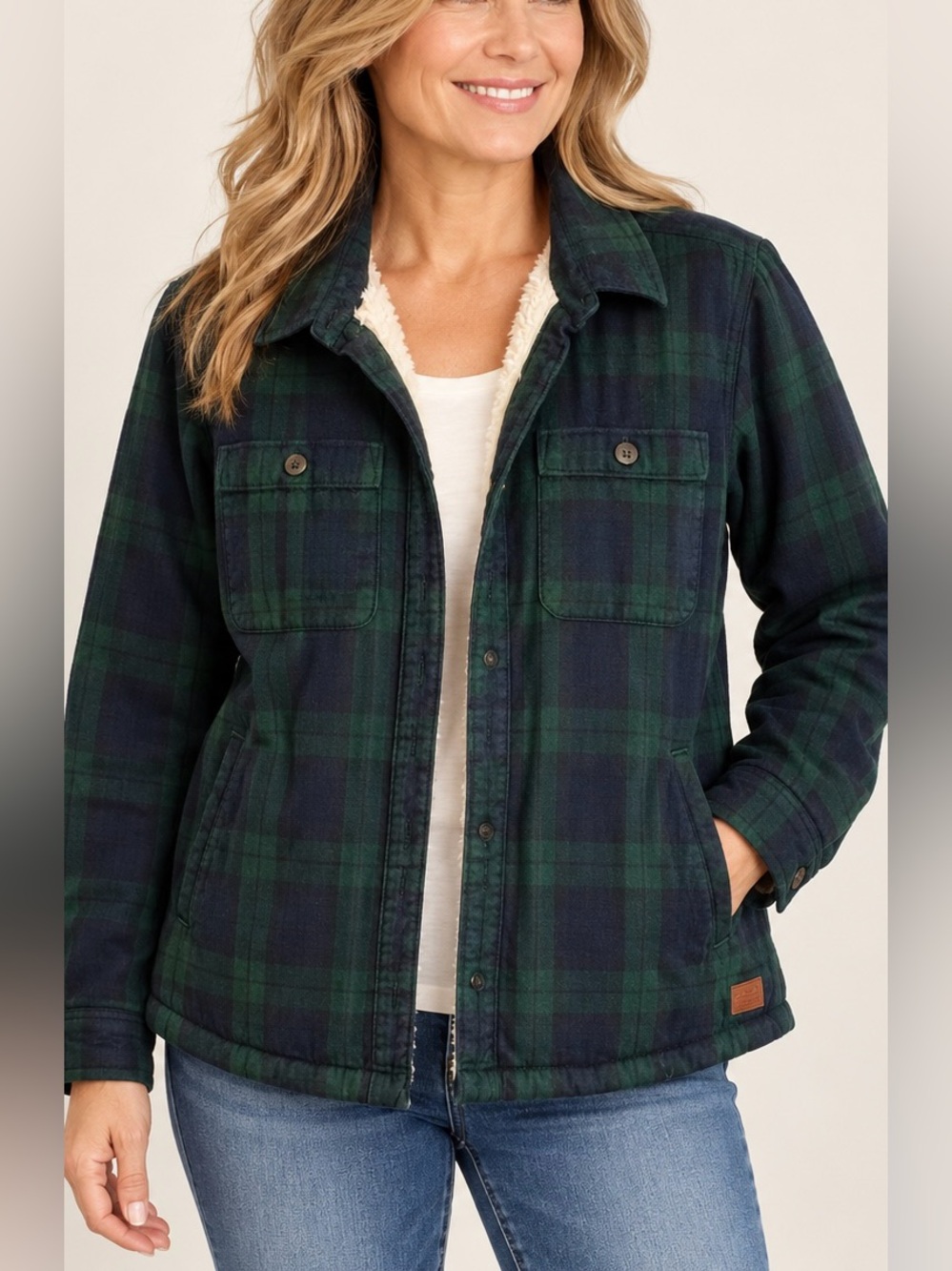 L.L. BEAN SHERPA LINED PLAID FLANNEL JACKET GREEN NAVY XS PETITE